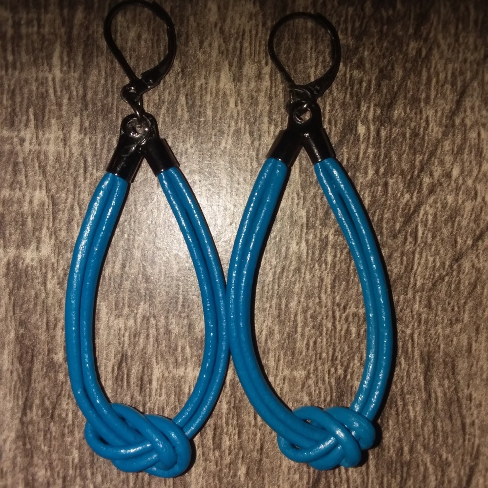 HANDMADE! SAPPHIRE BLUE LEATHER Hoop Earrings